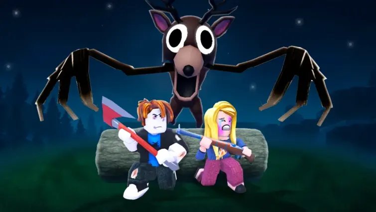 99 Nights in the Forest: two Roblox players with an axe and a rifle crouch behind a log as the giant deer monster looms over them at night